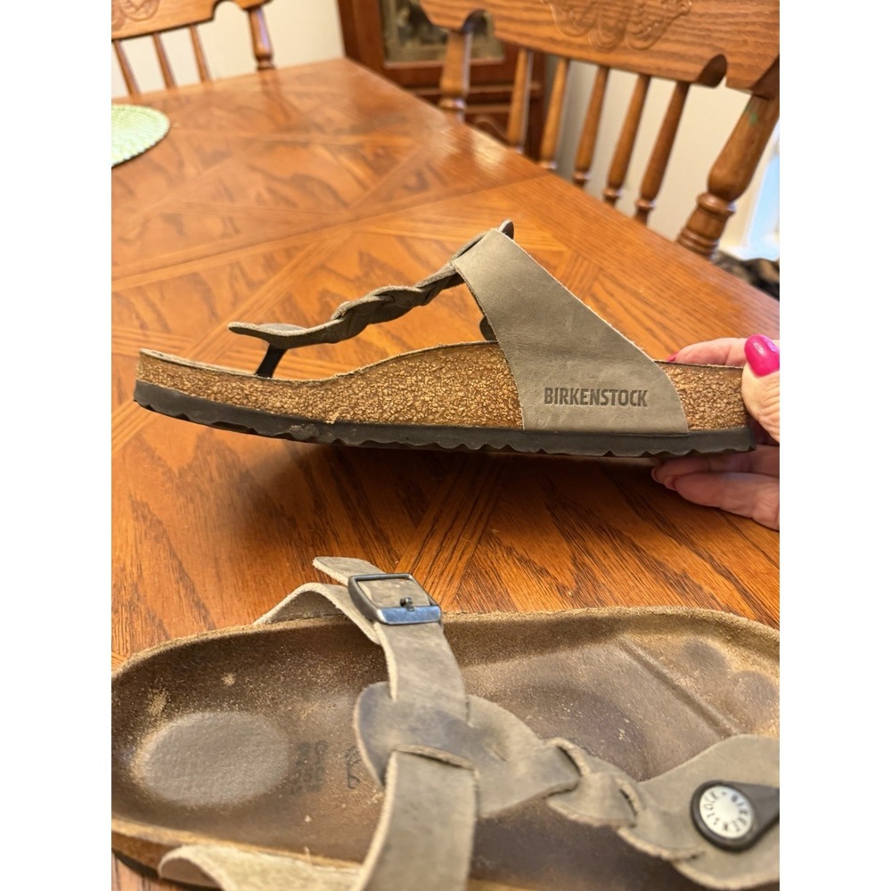 Birkenstock Gizeh Oiled Gray Leather Braided Sandal Women Sz EU 39/US L 8 - Picture 4 of 8